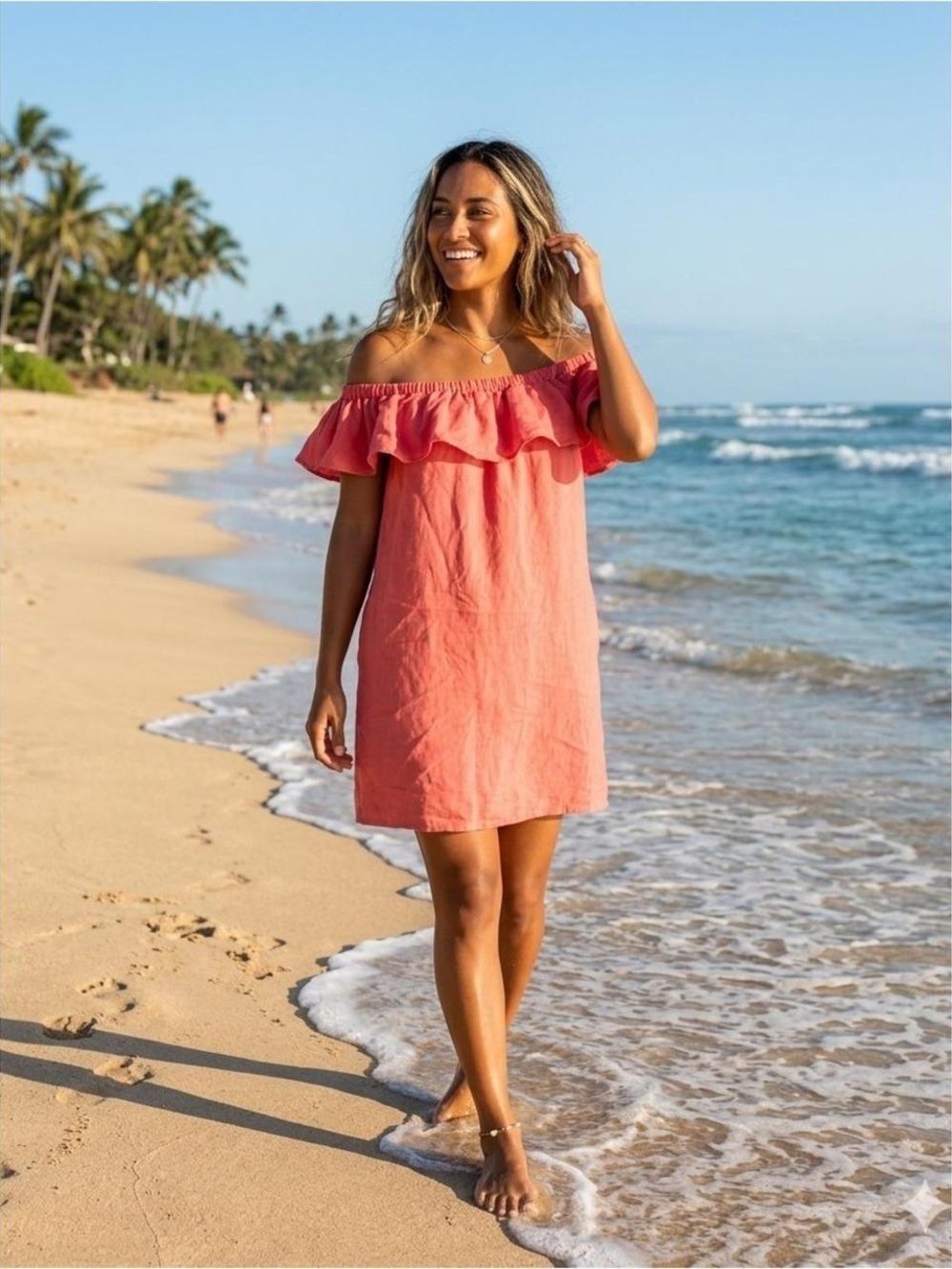 Tommy Bahama Pink Off Shoulder Ruffle Dress 100% Linen Pockets Resort Wear  sz S